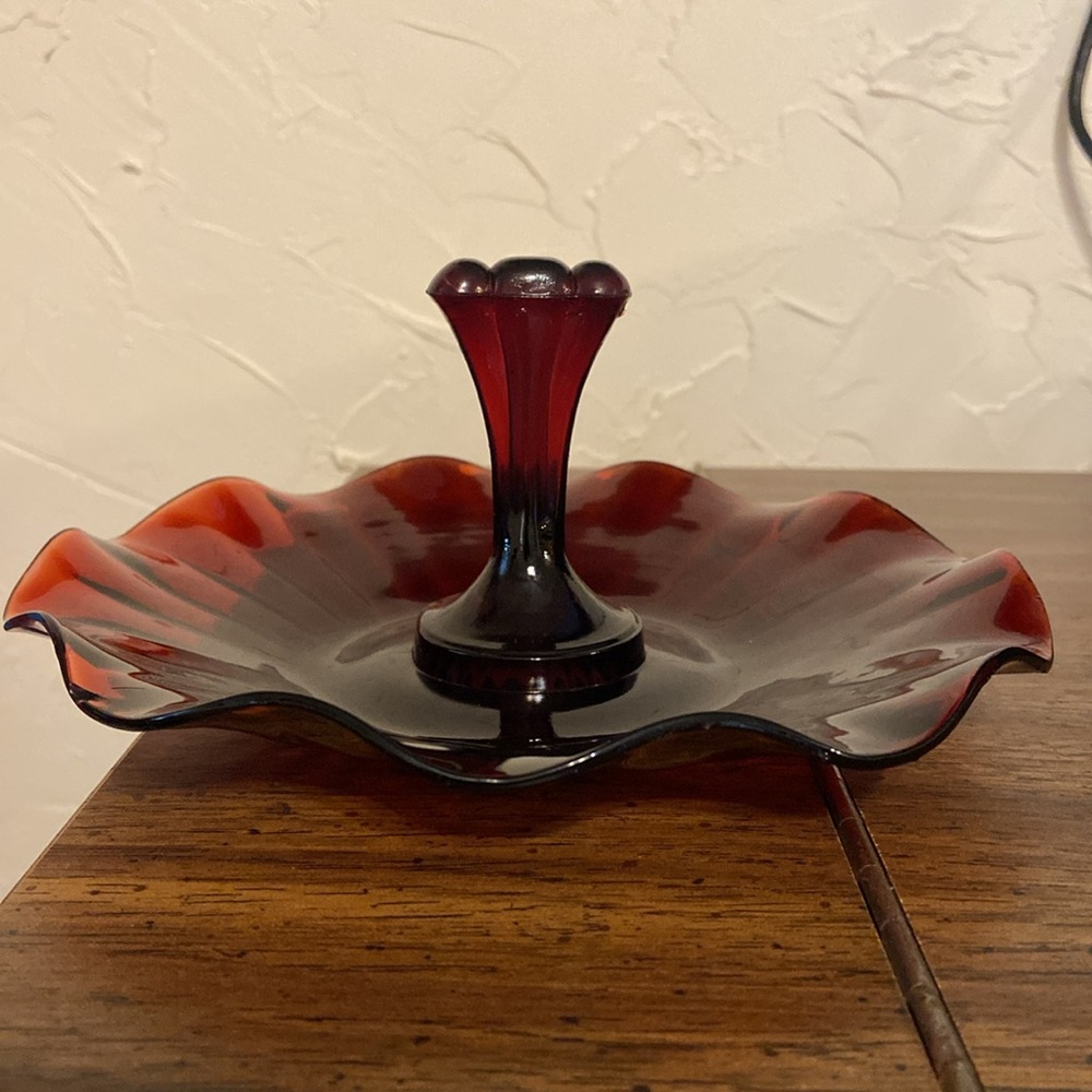 7” Vintage Anchor Hocking Glass Tidbit Tray Royal Ruby Red Center Handled Plate - Picture 9 of 10